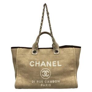 Auth CHANEL Deauville Line A66941 Gray Beige White Canvas Leather Tote Bag